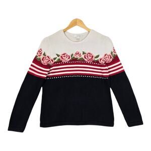 VTG Petite Sophisticate Sweater sz M Red White Blue Stripe Floral Cottagecore